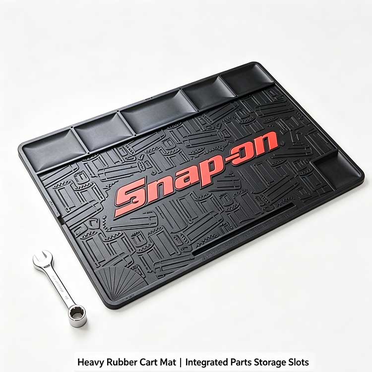 3D embossed rubber cart mat with non-slip tool texture holding wrenches.