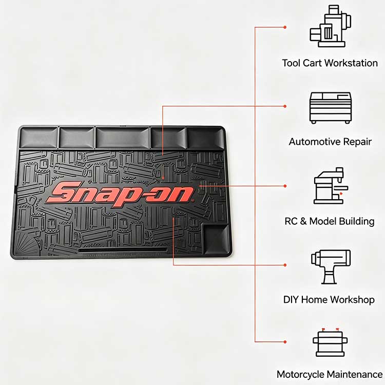 Rubber cart mat application for automotive garages, RC hobbies, and motorcycle shops.