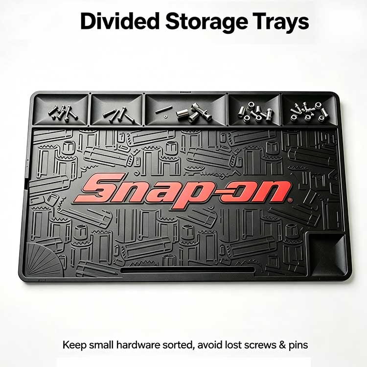 Rubber cart mat with 6 individual top storage compartments for small workshop screws