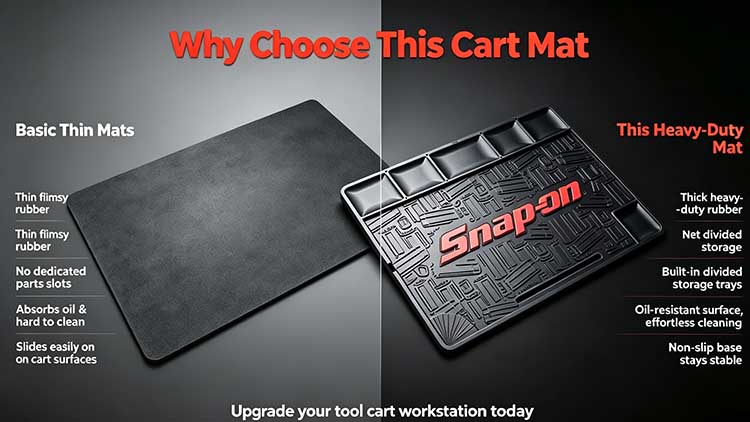 Comparison of heavy-duty rubber cart mat with storage versus cheap thin basic mats