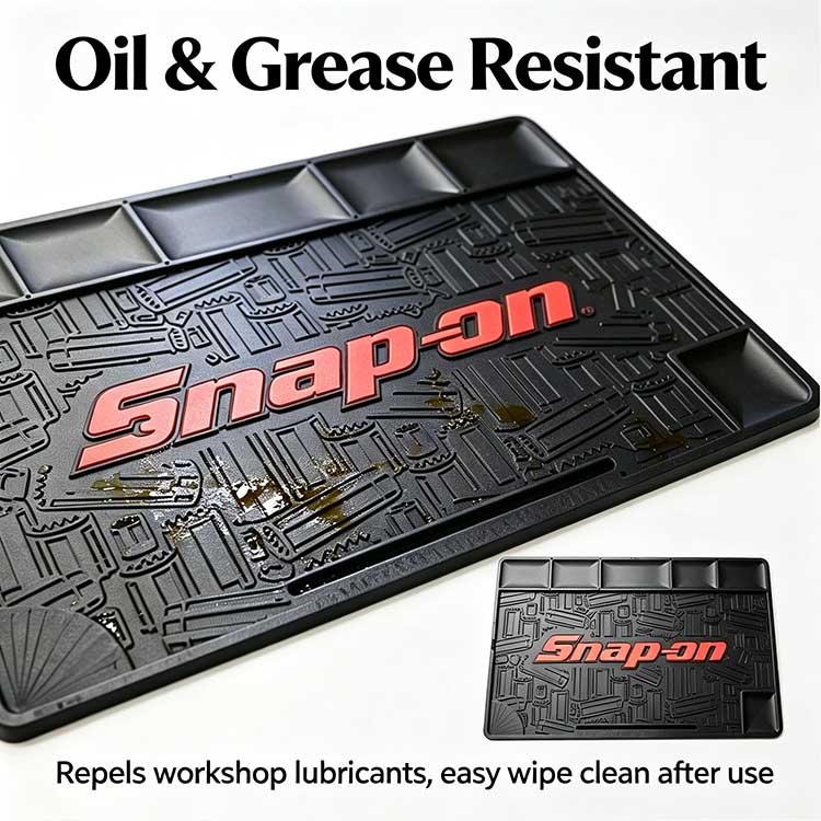 Oil-resistant rubber tool cart mat repelling grease and workshop lubricants.