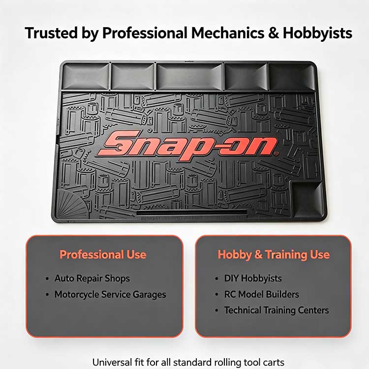Industrial-grade rubber cart mat trusted by professional mechanics using major tool brands.
