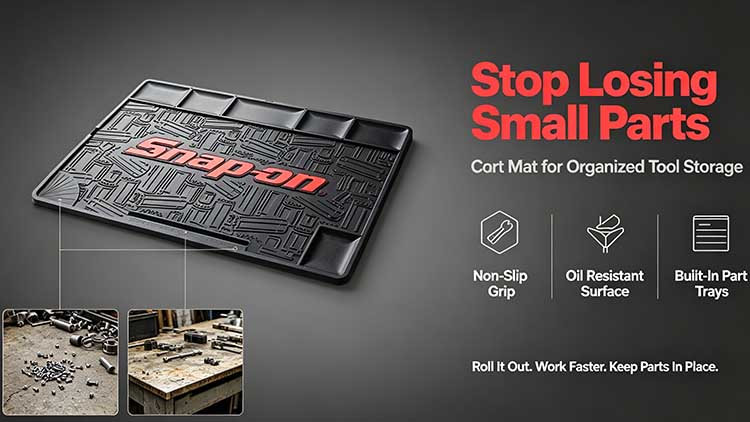 Heavy-duty rubber cart mat with storage trays preventing small tools from rolling off the cart