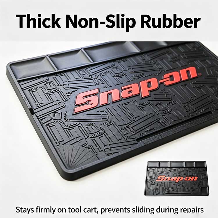 Thick non-slip rubber cart mat close-up display for rolling tool cart workstation use