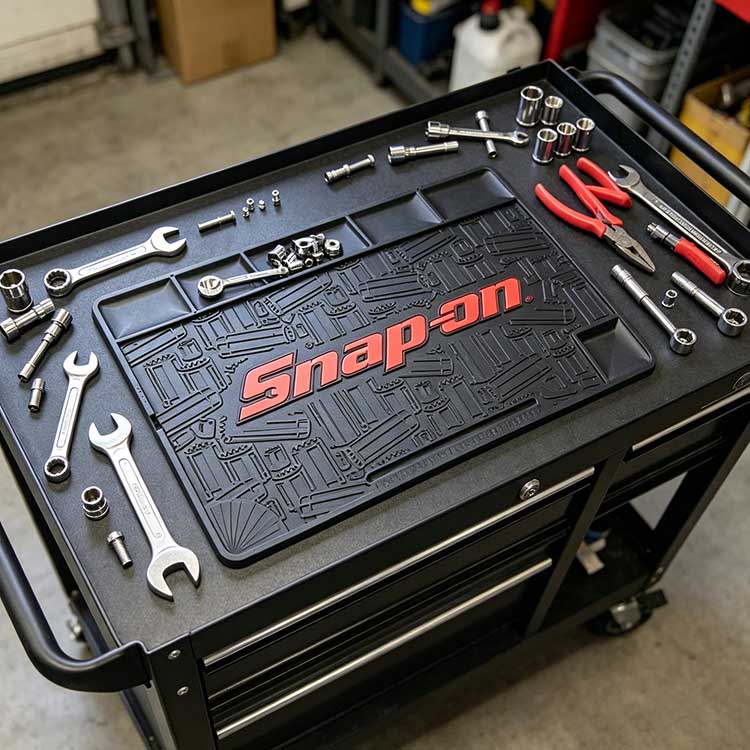 Custom rubber cart mat installed on rolling tool cart for professional auto repair shop work