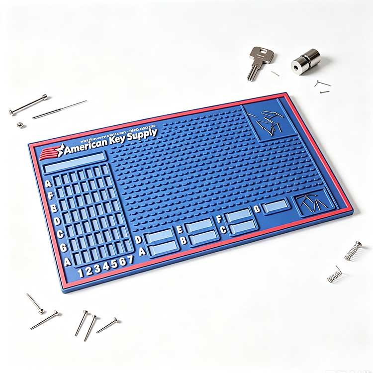 Blue red border blank OEM locksmith work mat with labeled pin storage grids laid flat on white studio background, assorted lock pins, key and lock cylinder scattered around
