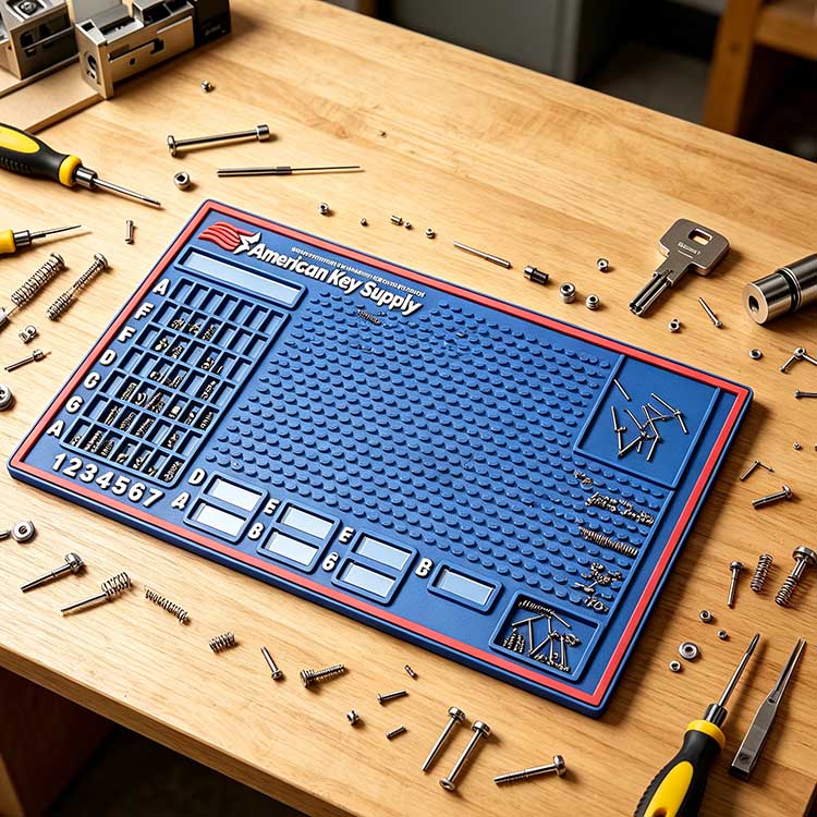 OEM locksmith work mat laid on wooden locksmith workshop workbench, surrounded by screwdrivers, lock cylinders, key blanks and assorted lock repair small parts