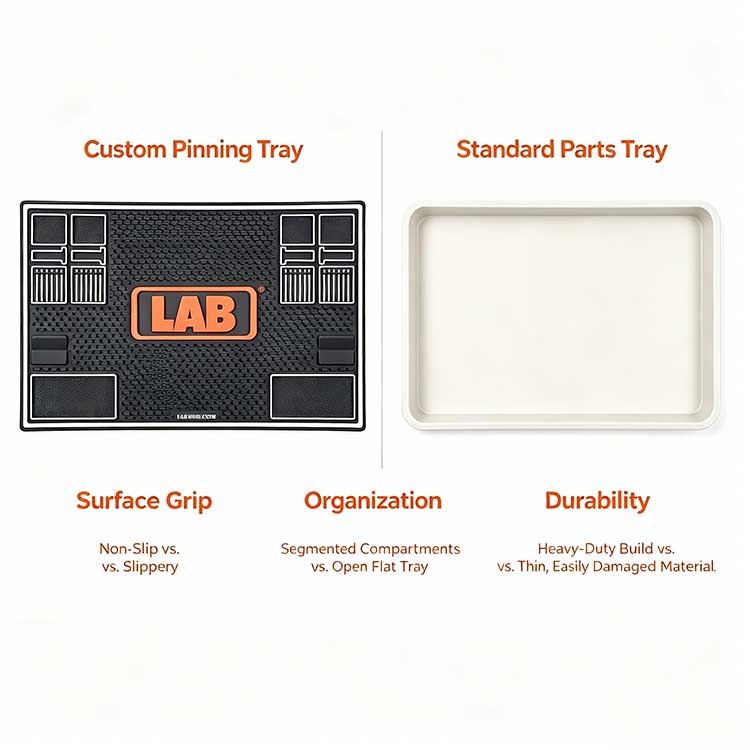 Side by side comparison graphic of custom rubber lock pinning tray vs slippery thin standard plastic parts tray for locksmith rekey work