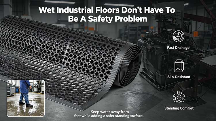 1/2 inch thick heavy-duty drainage mat with open holes preventing slips on wet industrial floors.