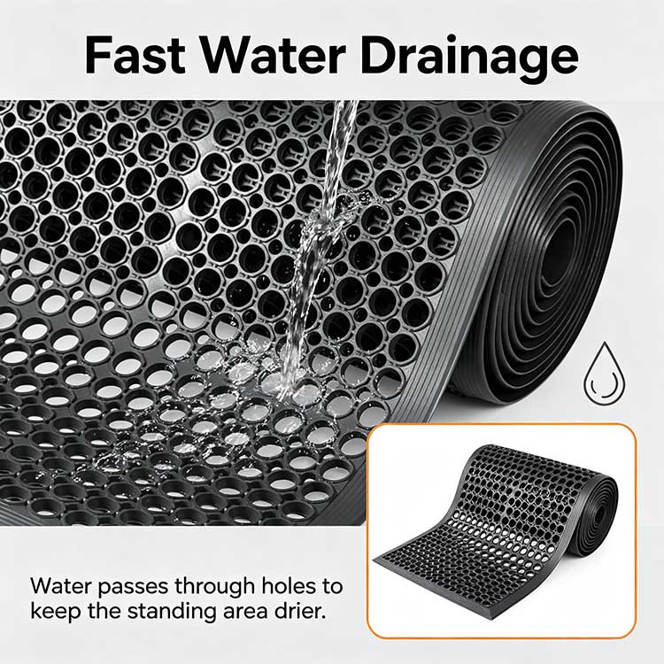 Close-up of water flowing through open holes of a heavy-duty drainage mat to keep floors dry.