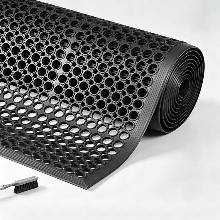 Rolled heavy-duty black rubber drainage mat with uniform open-hole design, ready for OEM branding.