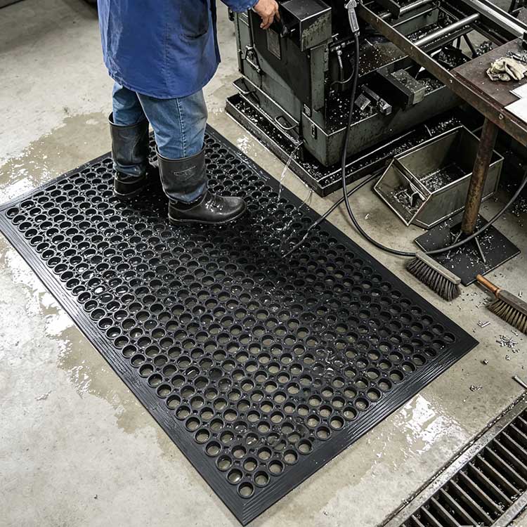 Industrial drainage mat channeling coolant away from boots in a wet machine shop floor environment.
