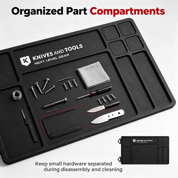 EDC maintenance mat with 4-grid compartment for sorting knife screws and springs