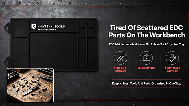 Heavy-duty rubber EDC maintenance mat with non-slip surface and segmented tool compartments.