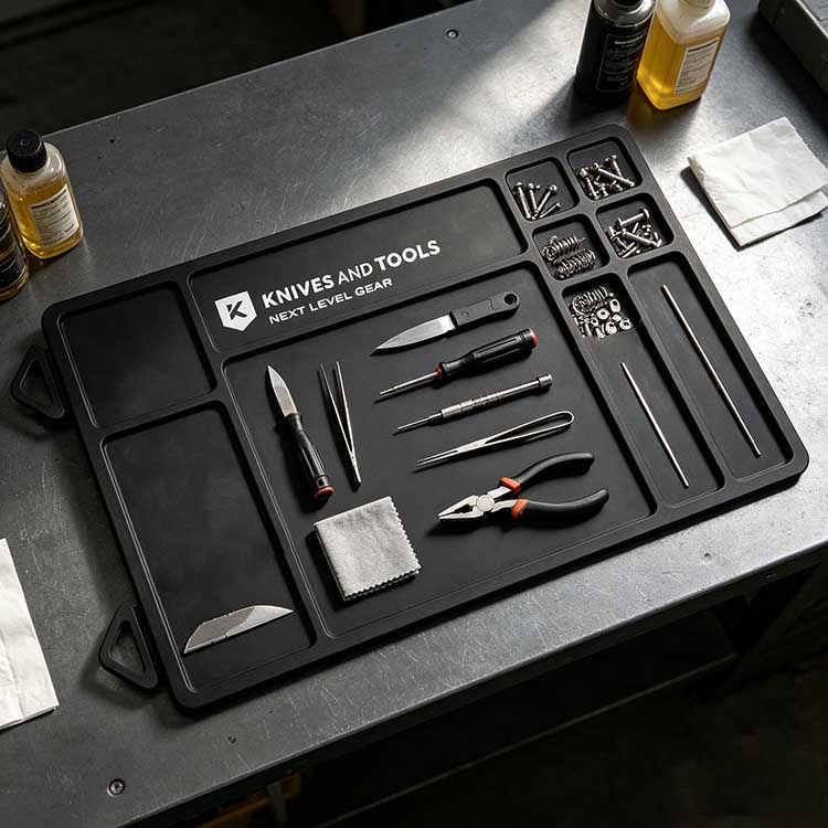 Large central work area on rubber EDC maintenance mat holding knives and tools