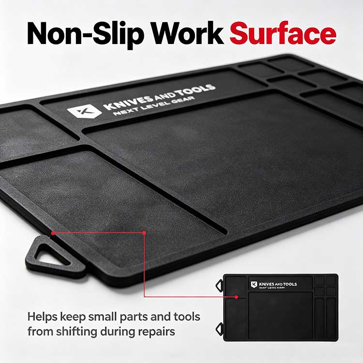 Non-slip textured EDC maintenance mat holding tools steady.