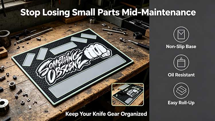 Heavy-duty tactical EDC tray with non-slip base and segmented slots for knife maintenance.