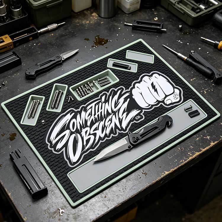 EDC tray with large bottom storage bay holding a tactical folding knife.