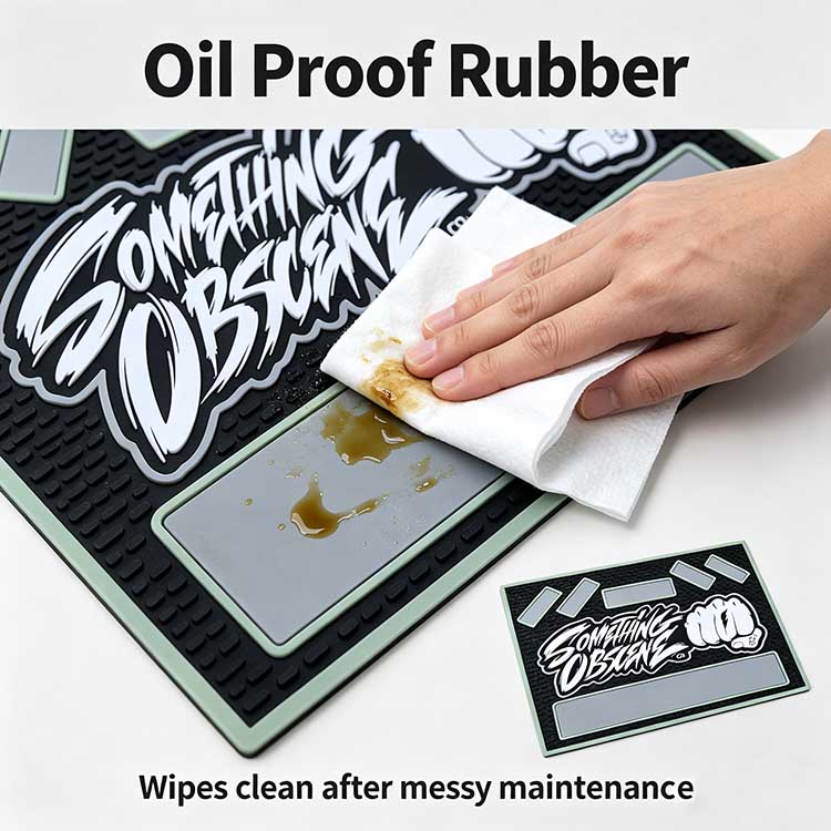 Oil proof rubber EDC tray repelling lubricants and wiping clean easily.