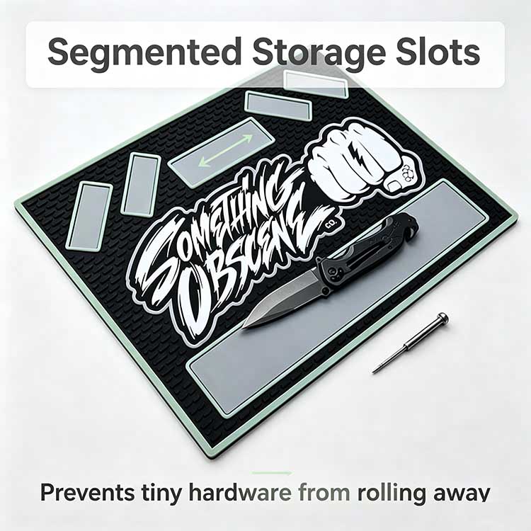 EDC tray with segmented storage slots for organizing knife hardware and screws.