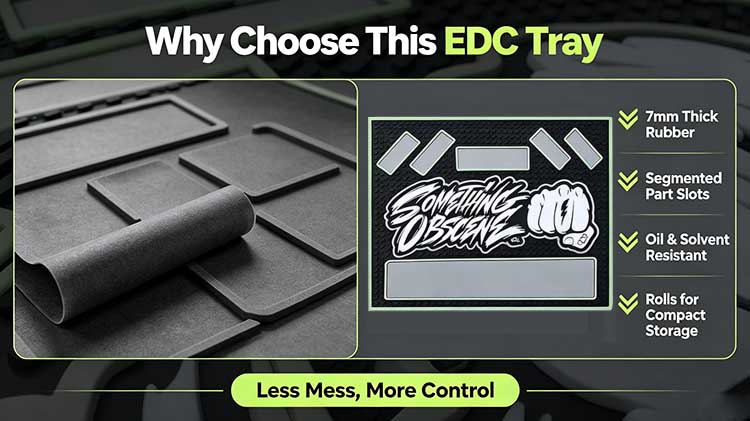 Comparison of generic mat versus premium heavy-duty EDC tray with slots.
