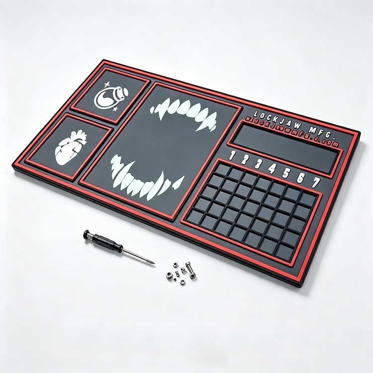 EDC work mat featuring a heavy-duty 6mm thick rubber base that stays non-slip on a wooden workbench.