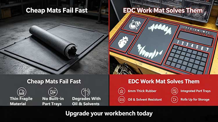 Comparison graphic showing a cheap thin rubber mat versus a heavy-duty 6mm EDC work mat with numbered slots and glowing features.