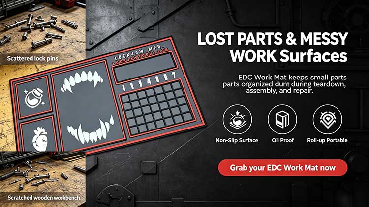 EDC work mat with red border, numbered screw slots, and glow-in-the-dark teeth graphic for tactical equipment maintenance.