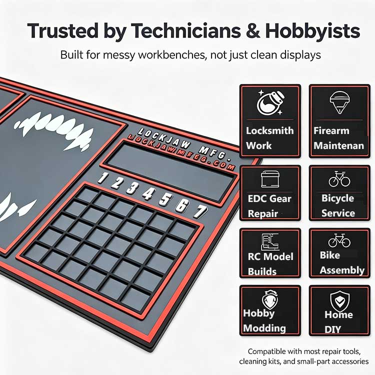 EDC work mat trusted by technicians and hobbyists for organizing small parts during firearm and knife maintenance.