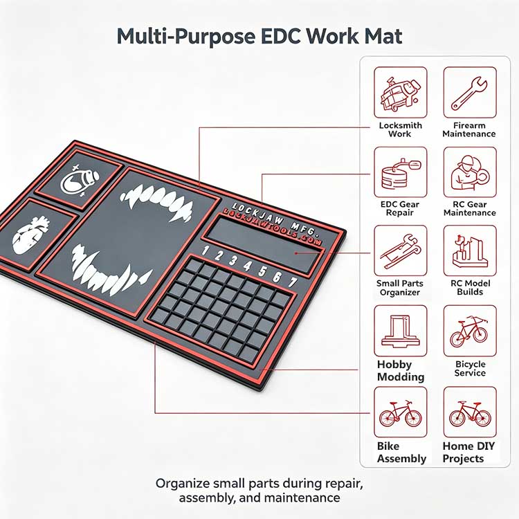 EDC work mat shown being used for various applications including locksmithing, firearm maintenance, and RC model building.