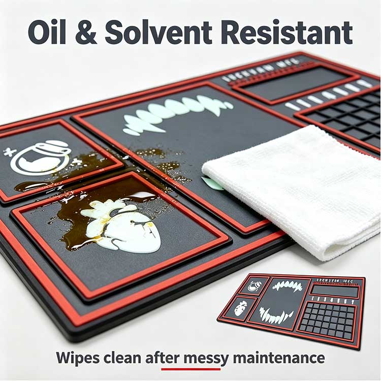 Tissues wiping gun oil and solvent off a durable, oil-resistant EDC work mat surface.