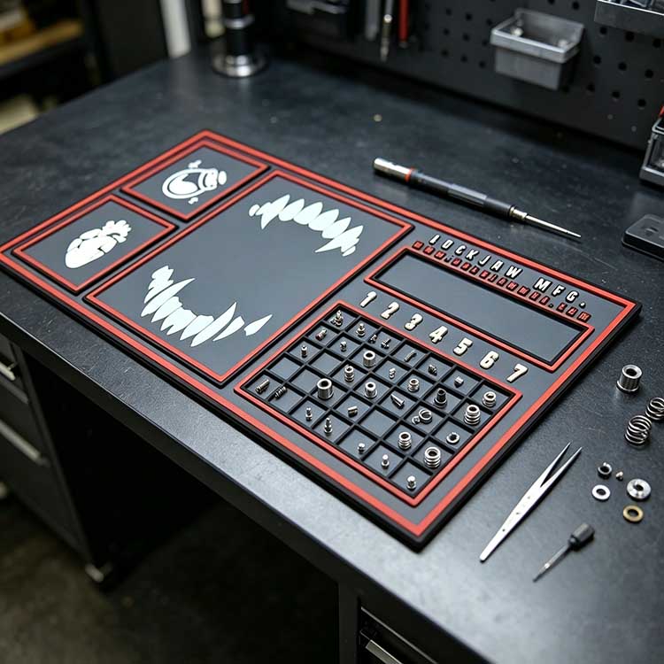 Tactical EDC work mat with a striking red border frame and custom anatomical logos for premium tool organization.