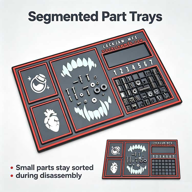 Close-up of an EDC work mat showing 7 numbered slots and a grid tray holding tiny screws, pins, and springs.