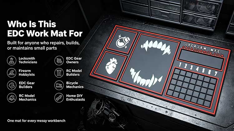 EDC work mat targeted at locksmith technicians, firearm hobbyists, and RC model builders for small part organization.