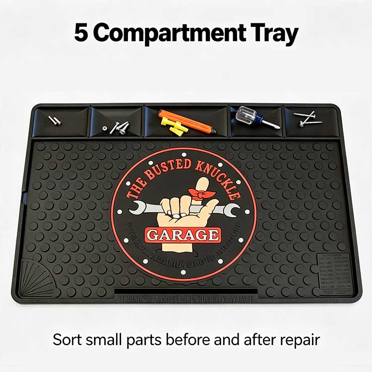 Garage mat featuring 5 independent sorting compartments for organizing screws and small hardware