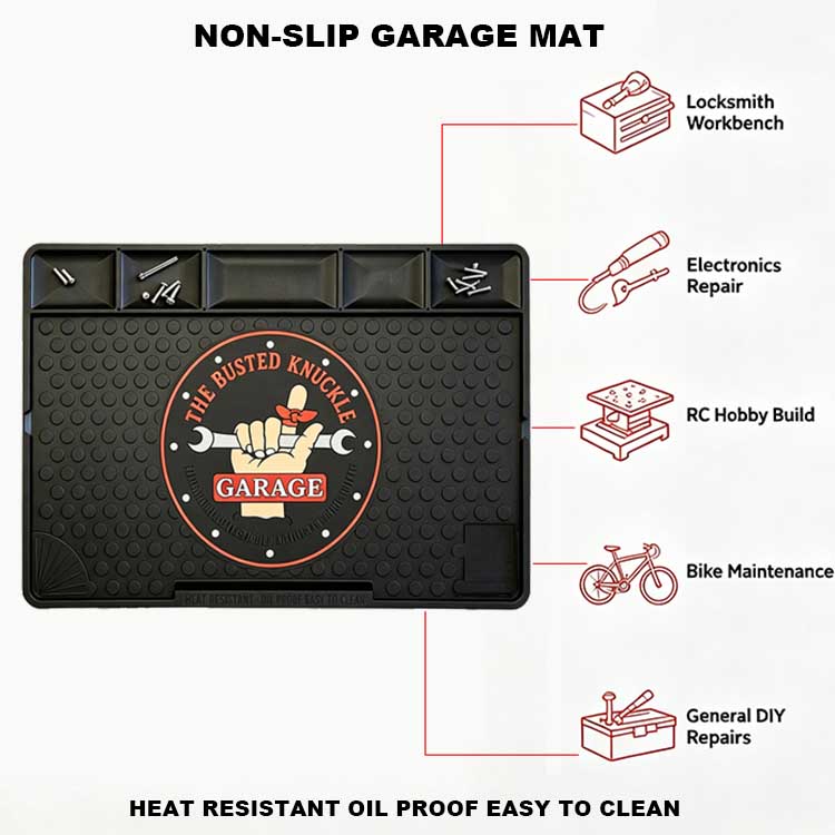 Versatile rubber garage mat used for locksmith work, bike maintenance, and DIY home repairs