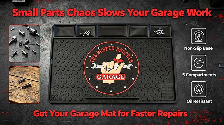 Garage mat with 5 compartments preventing tiny screws from rolling on workbenches