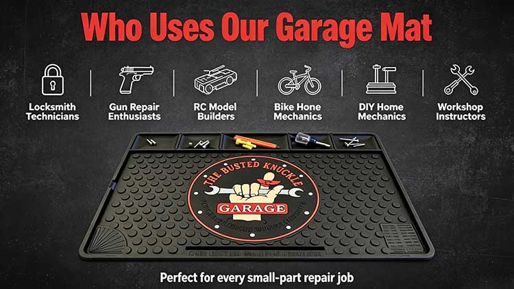 Garage mat designed for locksmiths, gun repair enthusiasts, RC builders, and mechanics