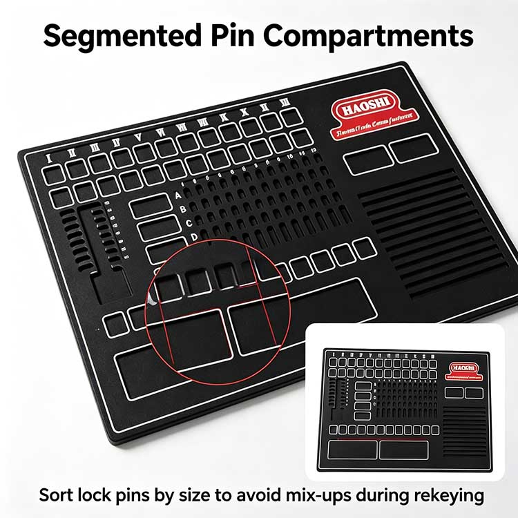 Rubber lock rekey tray with segmented pin compartments and labeled sorting matrix for professional locksmiths.