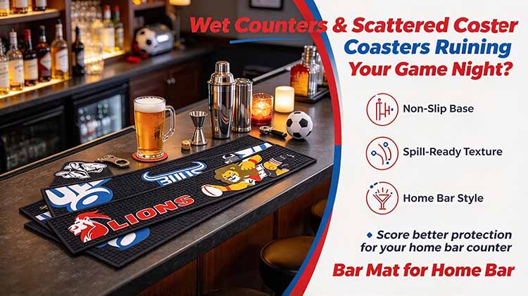 Bar mat for home bar protecting a counter during game night with sports graphics.