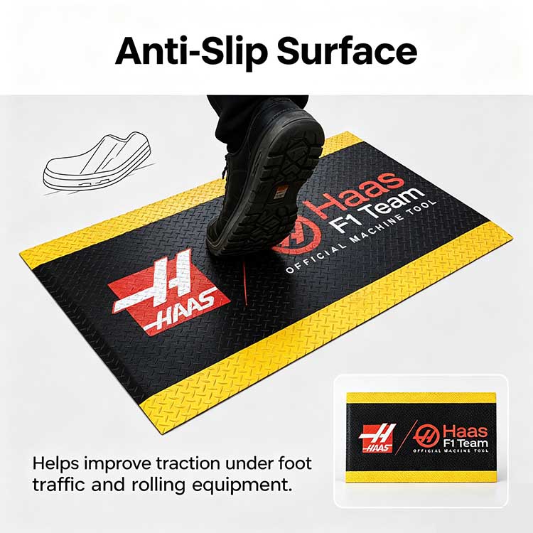 Close-up of industrial floor mat showing anti-slip diamond tread gripping a heavy work boot.