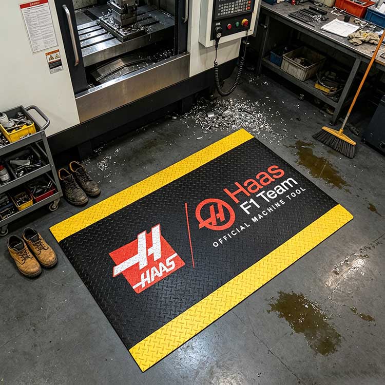 Heavy-duty industrial floor mat with yellow safety borders placed under a CNC machine with metal shavings.
