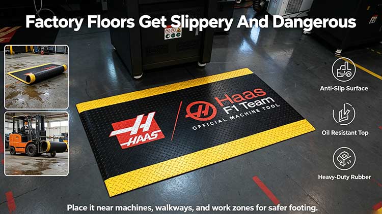 Heavy-duty 36x60 industrial floor mat with anti-slip surface and yellow safety borders in a factory.