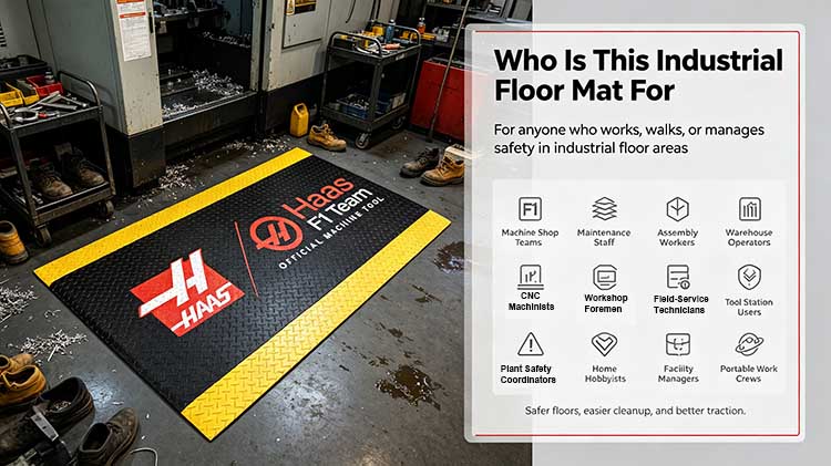 Industrial floor mat targeting CNC machinists, factory managers, and warehouse operators.