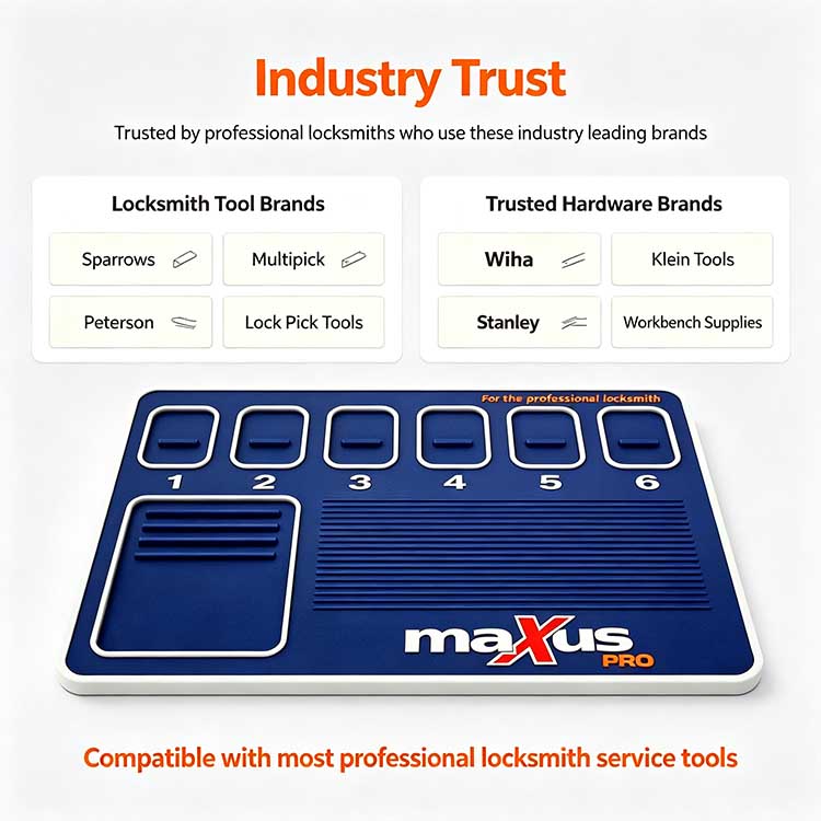 Industry trust graphic showing rubber pinning mat is compatible with Sparrows, Multipick, Wiha, and Klein Tools