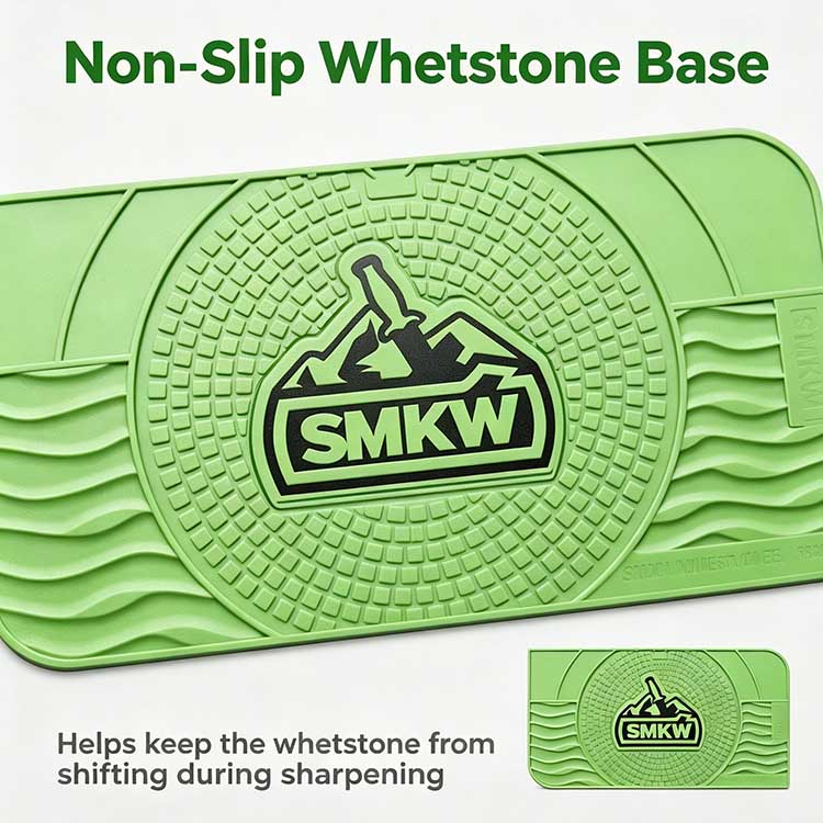 Non-slip central grid texture on rubber knife sharpening mat for stone stability.