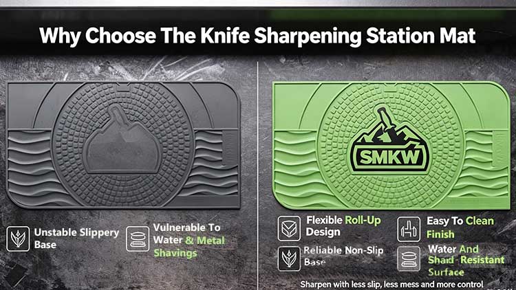 Comparison of standard slippery base versus heavy-duty knife sharpening station mat.