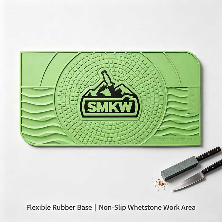 High-visibility green rubber knife sharpening mat for precision blade honing.