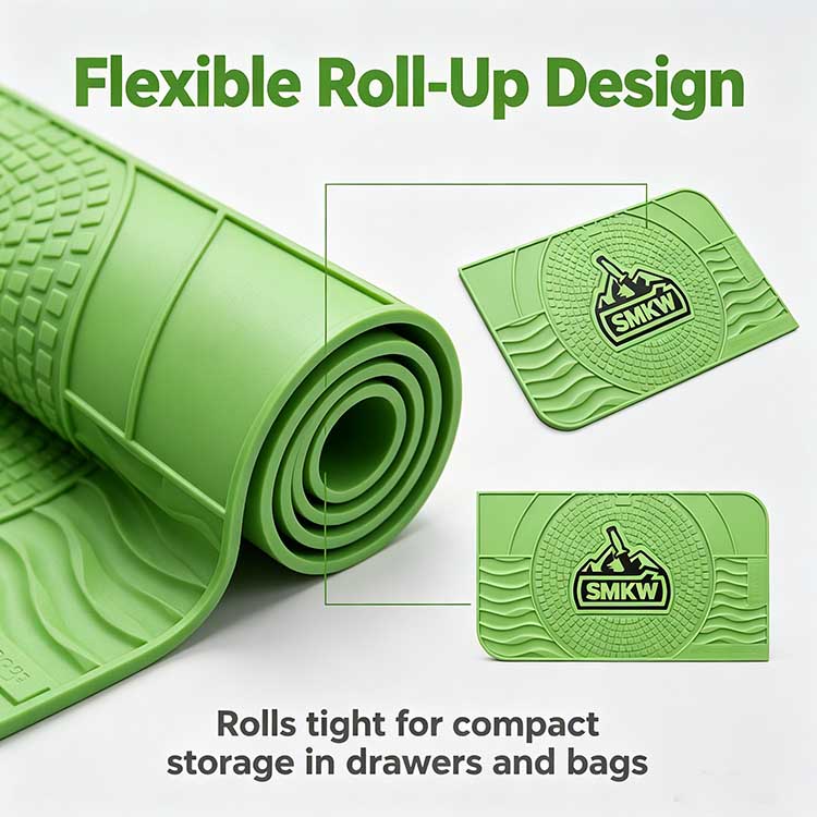 Portable roll-up rubber knife sharpening station mat for outdoor camp storage.