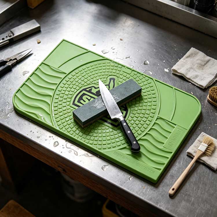Versatile rubber knife sharpening mat for kitchen knives, chisels, and outdoor tools